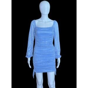 Jump Apparel Square Neck Ruched Glitter Long Sleeves Blue Minidress Junior Small